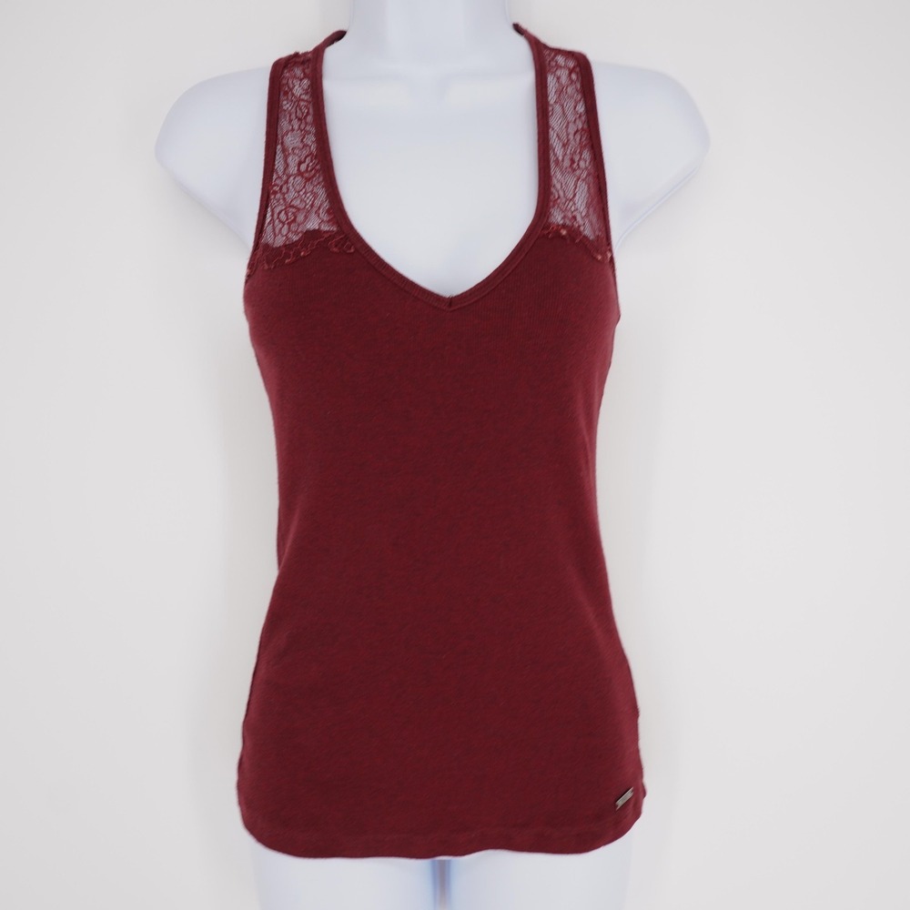 GUESS Tank Womens M Red V-Neck Lace Racerback Camisole Slim Stretch Jersey